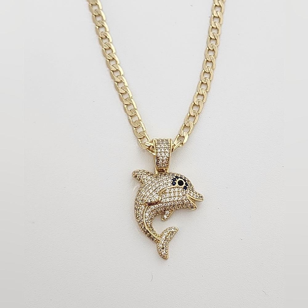 Gold Plated Dolphin Necklace 18” Iced CZ Pendant Unisex Trendy